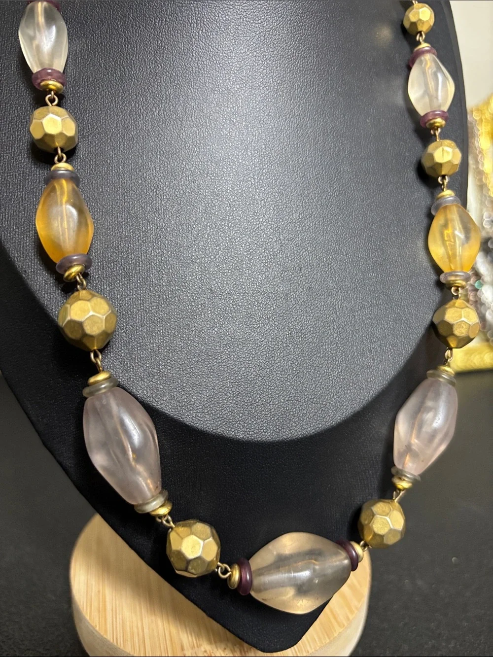 Vintage Liz Claiborne Gold and Amber Beaded Mixed Media Acrylic Metal Necklace